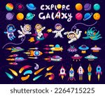 Cartoon kids space and galaxy. Astronauts, planets and rockets. Cheerful child or alien baby character flying in weightlessness, fantastic galaxy planets, future spaceships and flying saucers, comet