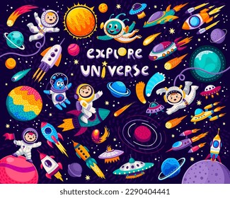 Cartoon kids space and galaxy, astronauts, planets and rockets. Vector cosmic repeated background with funny cosmonauts in space suits flying in universe among shuttles, comets, stars and satellites