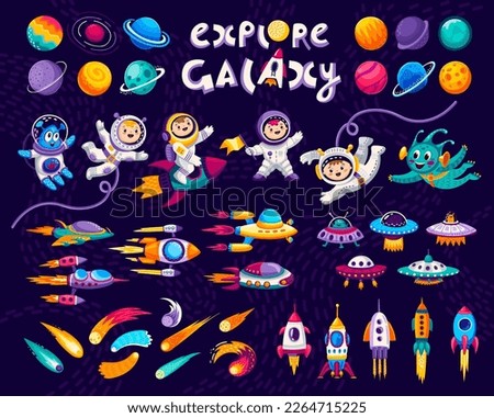 Cartoon kids space and galaxy. Astronauts, planets and rockets. Cheerful child or alien baby character flying in weightlessness, fantastic galaxy planets, future spaceships and flying saucers, comet