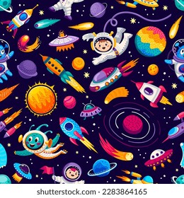 Cartoon Kinder Raum und Galaxie nahtlose Muster. Vektor kosmischer Hintergrund mit lustigen Astronauten, Raketen, Sternenschiffen und Planeten in der Galaxie oder Universum. geteerte Tapete mit Kosmonaut und Fuo