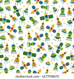 Cartoon kids spaceships seamless pattern. Cute children design template. Bright Earth satellites icons for textile, wrapping paper, greeting cards or posters for kindergarten