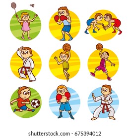 Cartoon kids Sport set Vector Clip Art Illustrations