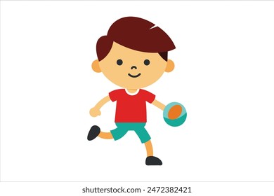 Cartoon kids sports character with ball, illustrated in vibrant vector art. This playful design features a cheerful child in action, perfect for adding a fun, energetic touch to any project 