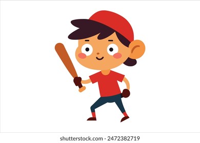 Cartoon kids sports character holding a bat in a vibrant vector art illustration. Perfect for playful designs, this dynamic illustration captures the fun and energy of children enjoying sports.