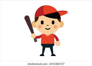 Cartoon kids sports character holding a bat in a vibrant vector art illustration. Perfect for playful designs, this dynamic illustration captures the fun and energy of children enjoying sports.