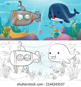 Cartoon Of Kids In Submarine With Marine Life  Undersea. Coloring Book Or Page