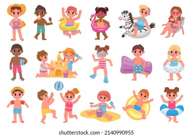 Cartoon kids at summer beach, play with ball. Illustration of child fun at beach, cartoon children at holiday, cheerful colorful summer vector