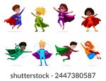 Cartoon kids superhero characters, boys and girls in super hero costumes, isolated vector. Superhero kids in mask flying on blue mantle cape with magic power, comic children superman guardians