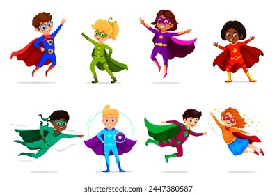 Cartoon kids superhero characters, boys and girls in super hero costumes, isolated vector. Superhero kids in mask flying on blue mantle cape with magic power, comic children superman guardians