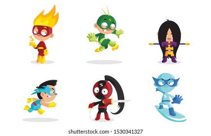 Cartoon kids superheroes in costumes. Vector illustration.