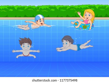 Cartoon kids swimming in the pool