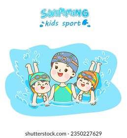 Cartoon kids swimming in the pool.