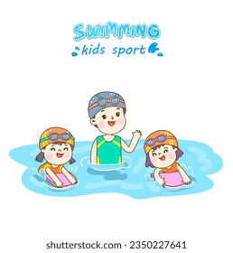 Cartoon kids swimming in the pool.