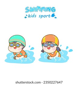 Cartoon kids swimming in the pool.