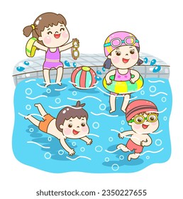 Cartoon kids swimming in the pool.