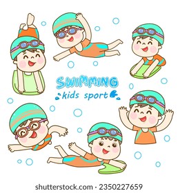 Cartoon kids swimming in the pool.