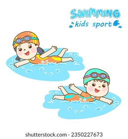 Cartoon kids swimming in the pool.