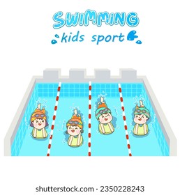 Cartoon kids swimming in the pool.