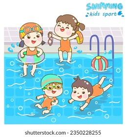 Cartoon kids swimming in the pool.