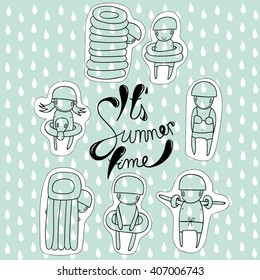 Cartoon kids in swimming suits. Its summer time. Lettering background vector illustrations