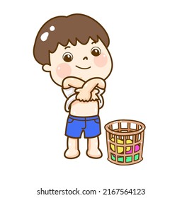 Cartoon kids take off shirt.