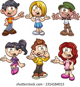 Cartoon kids talking and asking questions clip art. Vector illustration with simple gradients. Each on a separate layer. 
