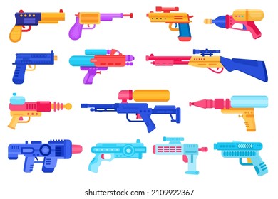 Cartoon Kids Toy Weapons, Water Guns, Pistols And Blasters. Plastic Handguns And Rayguns For Summer Games. Children Space Lasers Vector Set. Childish Water Equipment With Fiction Beam