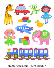 Cartoon kids toys. Baby colorful elements for playing. Cute dolls. Cars and train locomotive. Plush animals. Babies constructor blocks. Childish activities objects