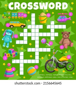 Cartoon kids toys vector crossword worksheet. Find a word quiz game grid and fill in squares puzzle on stars background with ball, bear, train and car, blocks, rabbit, bicycle, rattle and bucket