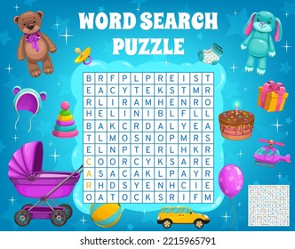 Cartoon kids toys word search puzzle worksheet, kids quiz game. Vector crossword grid with bear, pyramid, stroller and helicopter. Ball, balloon, cake and socks, pacifier, hare, baby hat and gift box