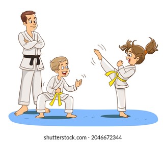 Cartoon kids training martial arts in kimono uniform. Karate or taekwondo character illustration.