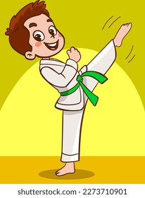 Cartoon kids training martial arts in kimono uniform. Karate or taekwondo character illustration.