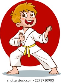 Cartoon kids training martial arts in kimono uniform. Karate or taekwondo character illustration.