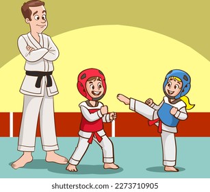 Cartoon kids training martial arts in kimono uniform. Karate or taekwondo character illustration.