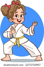 Niños de caricatura entrenando artes marciales con uniforme kimono. Ilustración de caracteres de karate o taekwondo.