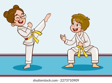 Niños de caricatura entrenando artes marciales con uniforme kimono. Ilustración de caracteres de karate o taekwondo.