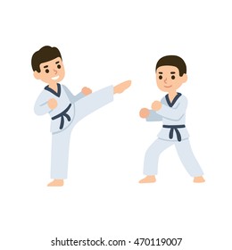 Cartoon kids training martial arts in kimono uniform. Karate or taekwondo character illustration.