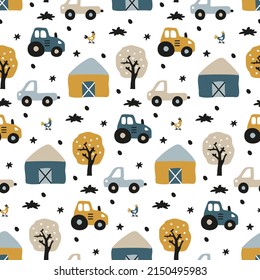 Cartoon kids transport pattern. Farm car in scandinavian style. White background. Cute hand drawn boy's  fabric print with, tractor, truck, barn house, rooster bird, apple tree. Childish illustration.