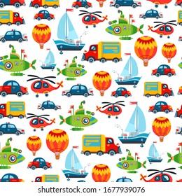 Cartoon kids cartoon transports seamless pattern. Cute children design template. Bright automobile icons for textile, wrapping paper, greeting cards or posters for kindergarten