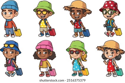Cartoon kids traveling. Vector illustrations bundle with each image on a separate layer.