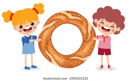 Cartoon Kids With Turkish Bagel