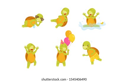 Cartoon Kids Turtle Character Vector Illustrated Set