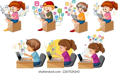 Cartoon Kids Using Laptops for Online Learning illustration