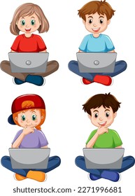 Cartoon Kids Using Laptops for Online Learning illustration
