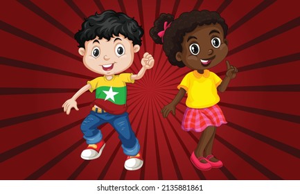 Cartoon kids. Vector clip art illustration with simple gradients. Each on a separate layer with Pop art comic red background. Summer backdrop.