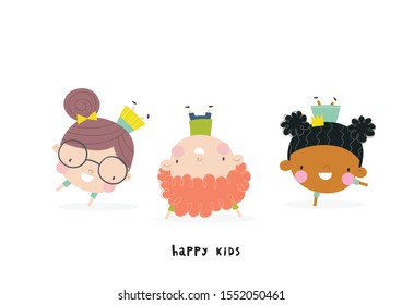 Cartoon kids vector print. Funny children play illustration.