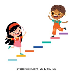 Niños De Caricatura Caminando Por Las Escaleras