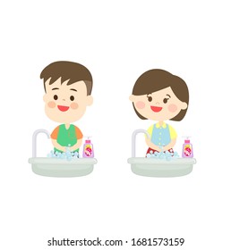 Cartoon Kids Wash Hand Vector