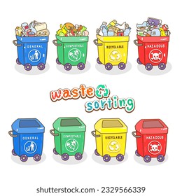 Cartoon kids waste sorting character.