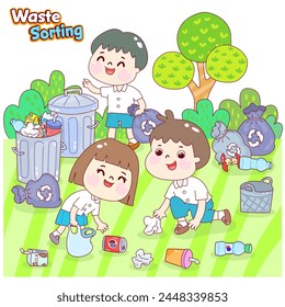Cartoon Kids in Waste Sorting Character.